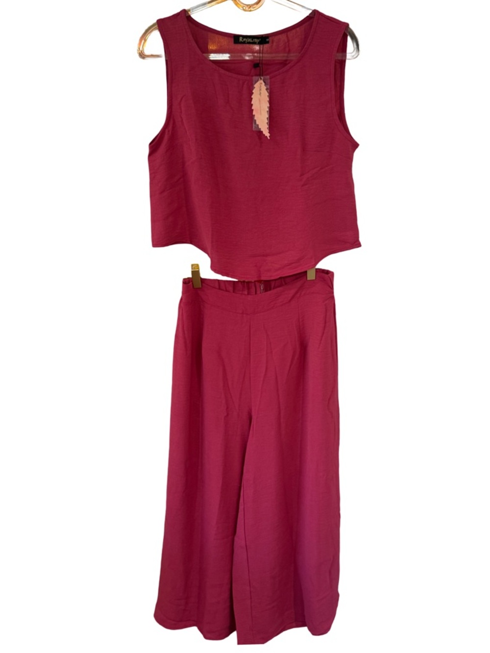 🍓Two-Piece Crop Top & Wide Leg Pants Set - Berry Pink Culotte Capri Flowy Gaucho - Picture 11 of 11